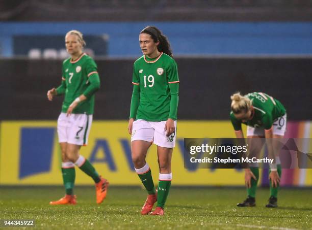 Dublin , Ireland - 10 April 2018; Amy Boyle Carr, centre, Diane Caldwell, left, and Megan Connolly, right, of Republic of Ireland after conceeding...