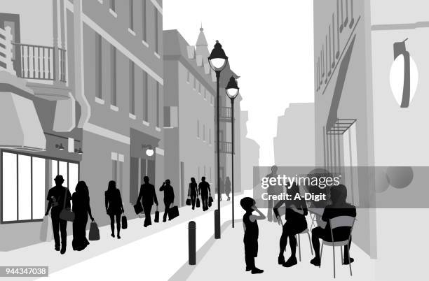 beschäftigt sidewalk cafe street - stadtzentrum stock-grafiken, -clipart, -cartoons und -symbole
