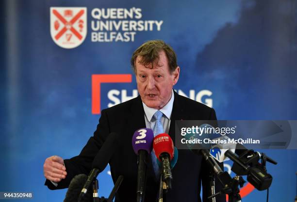 Former Northern Ireland First Minister Lord David Trimble holds a press conference at an event to mark the 20th anniversary of the Good Friday...