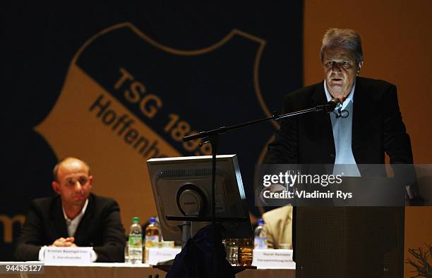 Hoffenheim's maecenas Dietmar Hopp holds a speech during the annual meeting of the Bundesliga team 1899 Hoffenheim on December 14, 2009 in...