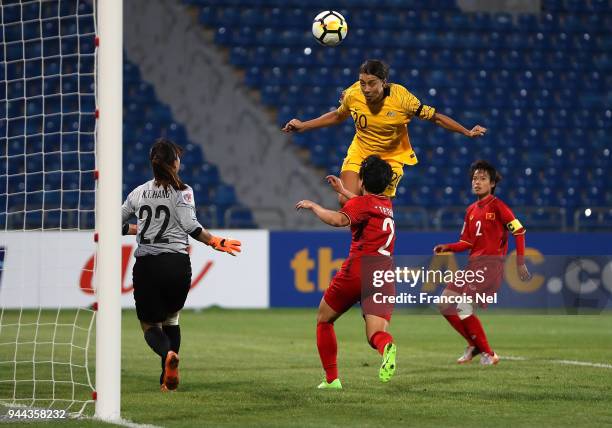 Samantha May Kerr of Australia attempts to score a goal during the AFC Women's Asian Cup Group B match between Vietnam and Australia at the Amman...