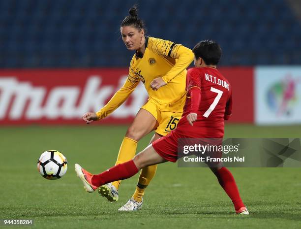 Emily Gielnik of Australia in action during the AFC Women's Asian Cup Group B match between Vietnam and Australia at the Amman International Stadium...