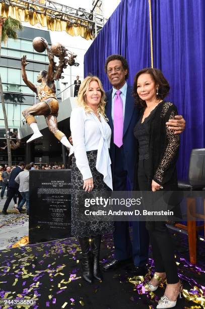 Los Angeles Lakers owner Jeannie Buss and Elgin Baylor pose for a photo together during Elgin's statue unveiling at STAPLES Center on April 6, 2017...