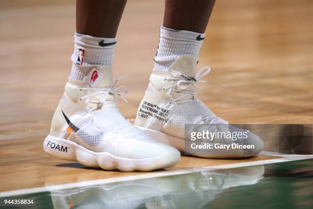 Milwaukee, WI The sneakers of Shabazz Muhammad of the Milwaukee Bucks during the game against the Orlando Magic on April 9, 2018 at the BMO Harris...