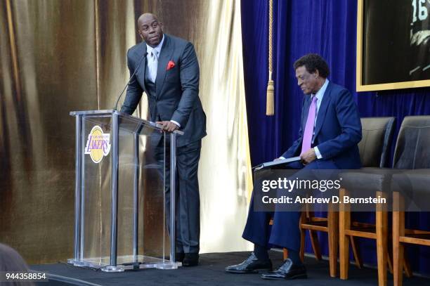 Magic Johnson speaks during the Elgin Baylor statue unveiling at STAPLES Center on April 6, 2017 in Los Angeles, California. NOTE TO USER: User...