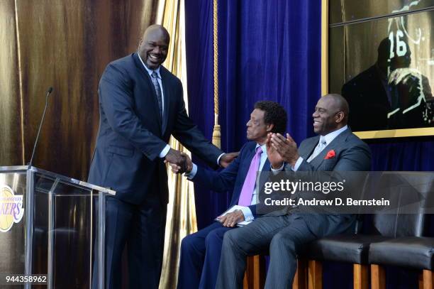 Shaquille O'Neal speaks during the Elgin Baylor statue unveiling at STAPLES Center on April 6, 2017 in Los Angeles, California. NOTE TO USER: User...