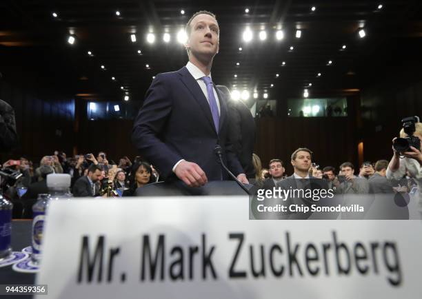 Facebook co-founder, Chairman and CEO Mark Zuckerberg arrives to testify before a combined Senate Judiciary and Commerce committee hearing in the...