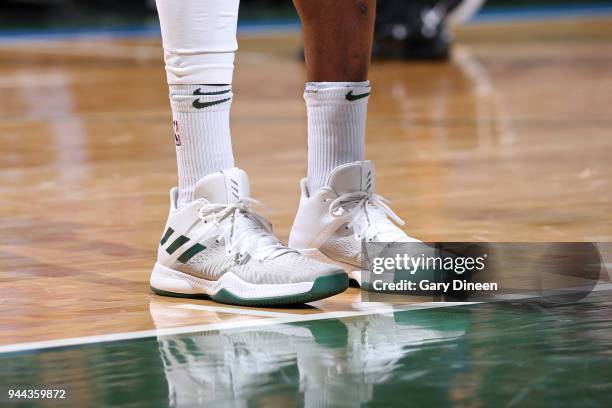 Milwaukee, WI The sneakers of Tony Snell of the Milwaukee Bucks during the game against the Orlando Magic on April 9, 2018 at the BMO Harris Bradley...