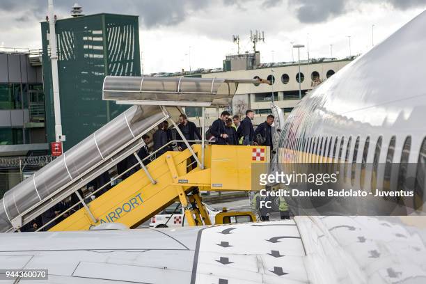 The Juventus team board a plane to Madrid on April 10, 2018 in Turin, Italy.