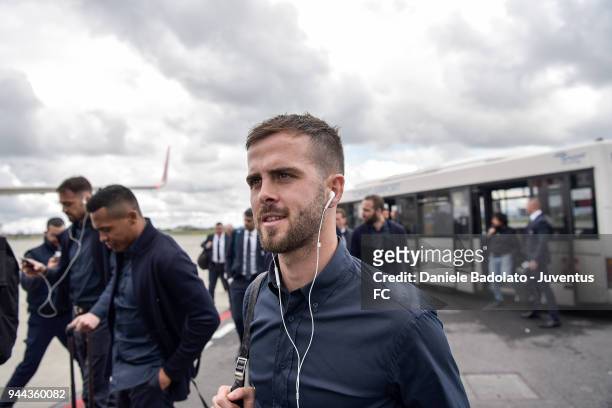 Miralem Pjanic of Juventus travelling to Madrid on April 10, 2018 in Turin, Italy.