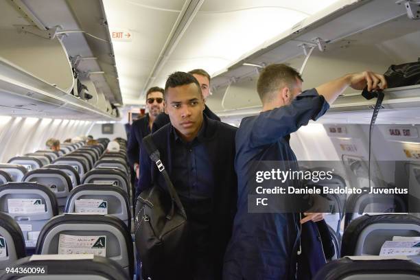 Alex Sandro of Juventus travelling to Madrid on April 10, 2018 in Turin, Italy.