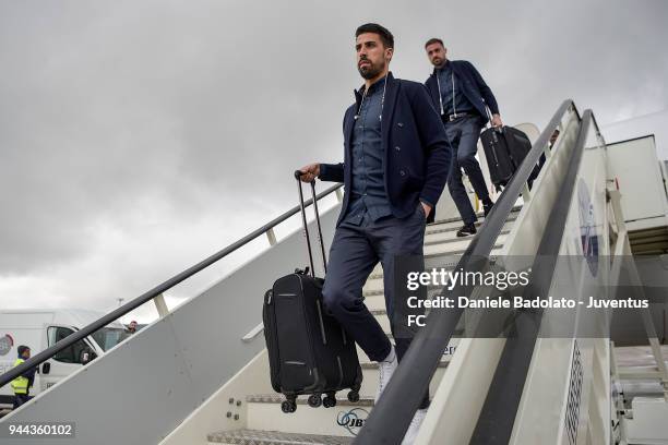 Sami Khedira of Juventus arrives in Madrid on April 10, 2018 in Madrid, Spain.