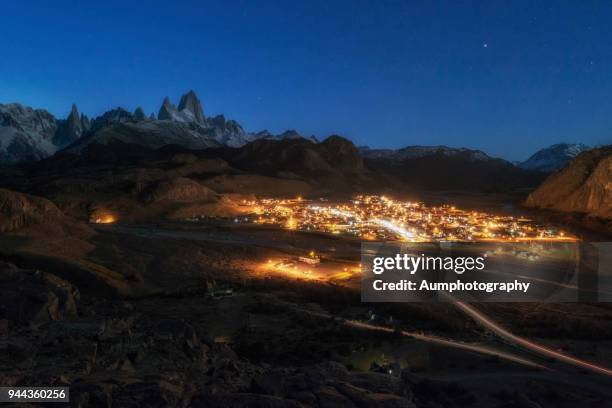 el chalten at dawn with mt. fitz roy background - aerial top view steppe stock pictures, royalty-free photos & images