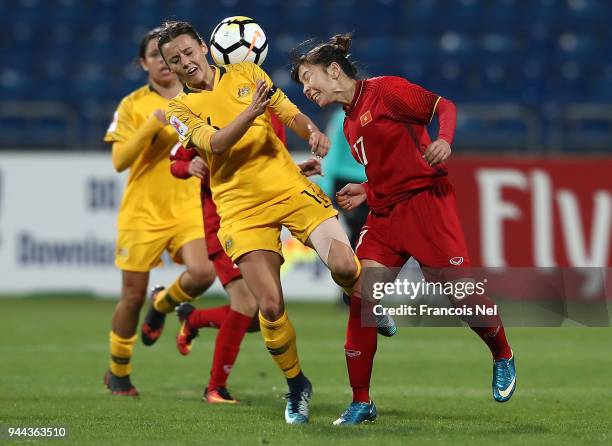 Hayley Raso of Australia and Tran Thi Hong Nhung of Vietnam battle for the ball during the AFC Women's Asian Cup Group B match between Vietnam and...