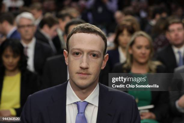 Facebook co-founder, Chairman and CEO Mark Zuckerberg arrives to testify before a combined Senate Judiciary and Commerce committee hearing in the...