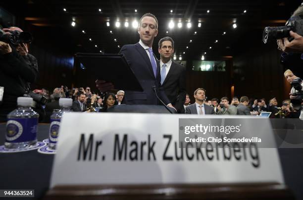 Facebook co-founder, Chairman and CEO Mark Zuckerberg arrives to testify before a combined Senate Judiciary and Commerce committee hearing in the...