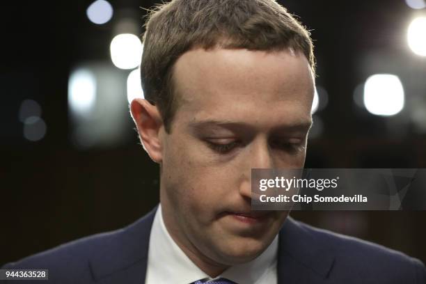 Facebook co-founder, Chairman and CEO Mark Zuckerberg arrives to testify before a combined Senate Judiciary and Commerce committee hearing in the...