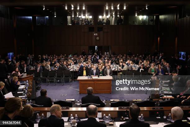 Facebook co-founder, Chairman and CEO Mark Zuckerberg testifies before a combined Senate Judiciary and Commerce committee hearing in the Hart Senate...