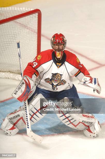 Alexander Salak of the Florida Panthers looks on during a NHL hockey game against the Washington Capitals on December 3, 2009 at the Verizon Center...