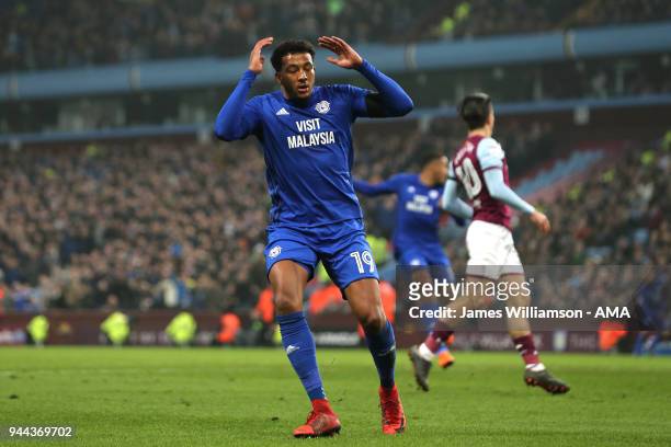 Nathaniel Mendez-Laing of Cardiff City reacts after missing a good chance during the Premier League match between Leicester City and Newcastle United...