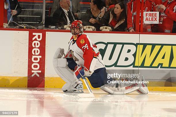 Alexander Salak of the Florida Panthers looks on during warm ups of a NHL hockey game against the Washington Capitals on December 3, 2009 at the...