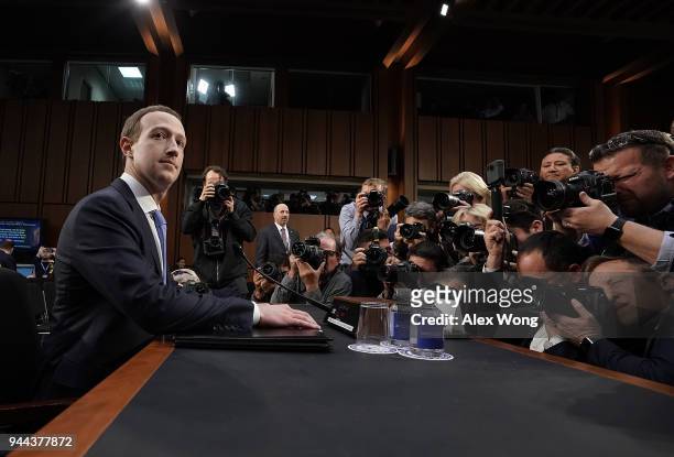 Facebook co-founder, Chairman and CEO Mark Zuckerberg awaits to testify before a combined Senate Judiciary and Commerce committee hearing in the Hart...