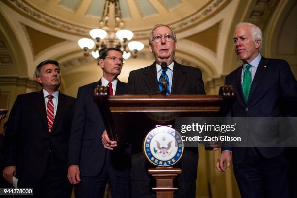 Senate Majority Leader Mitch McConnell speaks during a news conference following weekly policy luncheons on Capitol Hill on April 10, 2018 in...