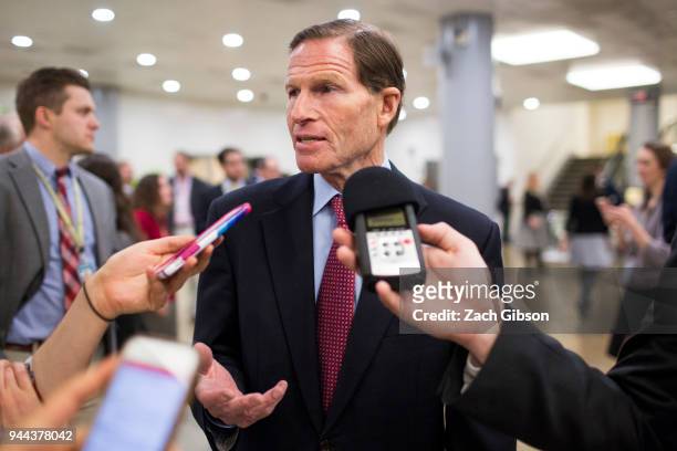 Sen. Richard Blumenthal speaks to reporters in the Senate Basement on Capitol Hill on April 10, 2018 in Washington, DC. Senate lawmakers addressed...