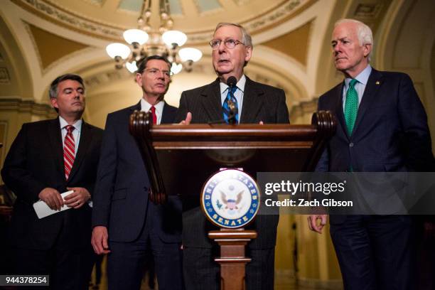 Senate Majority Leader Mitch McConnell speaks during a news conference following weekly policy luncheons on Capitol Hill on April 10, 2018 in...