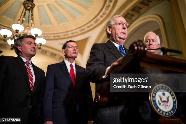 Senate Majority Leader Mitch McConnell speaks during a news conference following weekly policy luncheons on Capitol Hill on April 10, 2018 in...