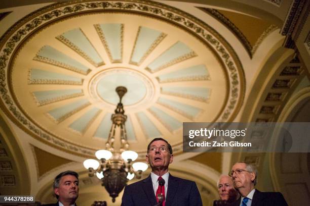 Sen. John Barasso speaks during a news conference following weekly policy luncheons on Capitol Hill on April 10, 2018 in Washington, DC. Also...