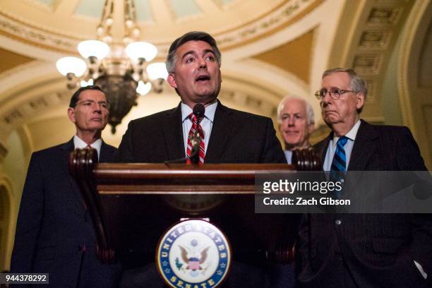 Sen. Cory Gardner speaks during a news conference following weekly policy luncheons on Capitol Hill on April 10, 2018 in Washington, DC. Also...