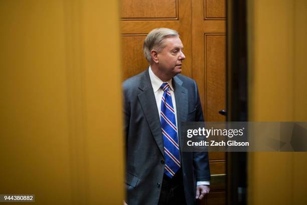 Sen. Lindsey Graham stands in an elevator in the Senate Basement on Capitol Hill on April 10, 2018 in Washington, DC. Senate lawmakers addressed the...