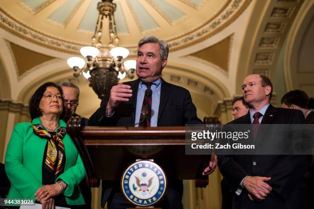 Sen. Sheldon Whitehouse speaks during a news conference following weekly policy luncheons on Capitol Hill on April 10, 2018 in Washington, DC. Also...