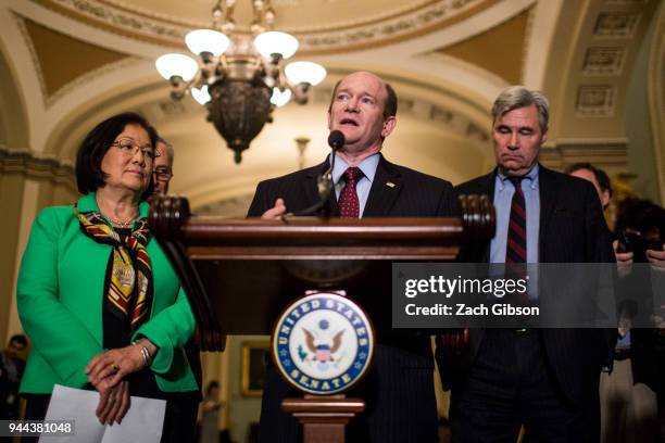 Sen. Chris Coons speaks during a news conference following weekly policy luncheons on Capitol Hill on April 10, 2018 in Washington, DC. Also pictured...