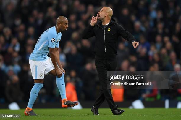 Josep Guardiola, Manager of Manchester City reacts at the half time whistle during the UEFA Champions League Quarter Final Second Leg match between...