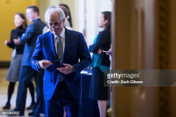 Sen. Bob Corker leaves a weekly policy luncheon with Republican lawmakers on Capitol Hill on April 10, 2018 in Washington, DC. Senate lawmakers...