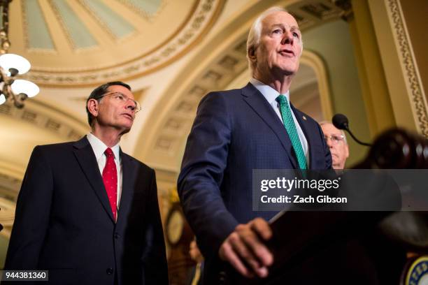 Senate Majority Whip John Cornyn speaks during a news conference following weekly policy luncheons on Capitol Hill on April 10, 2018 in Washington,...