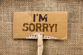 Writing note showing  I m Sorry. Business photo showcasing Apologize Conscience Feel Regretful Apologetic Repentant Sorrowful written on Cardboard Piece Holding By Clip on the jute background.