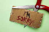 Text sign showing I m Sorry. Conceptual photo Apologize Conscience Feel Regretful Apologetic Repentant Sorrowful written on Tear Cardboard on the plain background with Scissor.