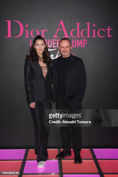 Model Bella Hadid and Makeup artist Peter Philips attends the Dior Addict Lacquer Plump Party at 1 OAK on April 10, 2018 in Tokyo, Japan.