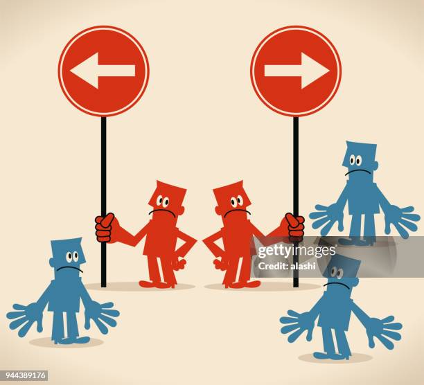 concept about dissension, dissidence, divergence. group of businessmen with two opposite directional sign - chief executives committee meeting stock illustrations