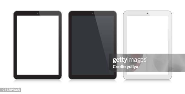 ilustraciones, imágenes clip art, dibujos animados e iconos de stock de color negro y plata con la reflexión de la tableta digital - tableta digital