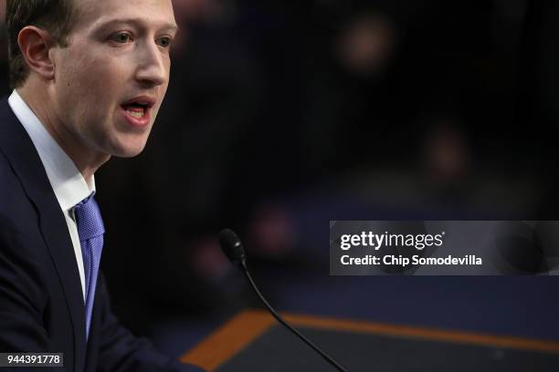 Facebook co-founder, Chairman and CEO Mark Zuckerberg testifies before a combined Senate Judiciary and Commerce committee hearing in the Hart Senate...