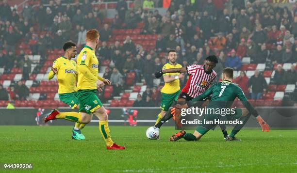 Ovie Ejaria of Sunderland is blocked by Norwich keeper Angus Gunn during the Sky Bet Championship match between Sunderland and Norwich City at...