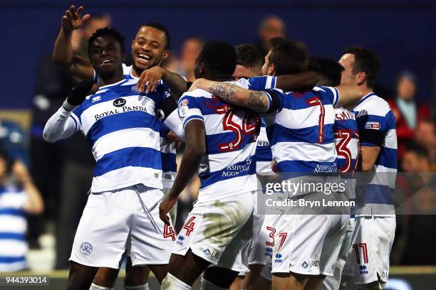 Idrissa Sylla of Queens Park Rangers celebrates with his team after scoring during the Sky Bet Championship match between Queens Park Rangers and...