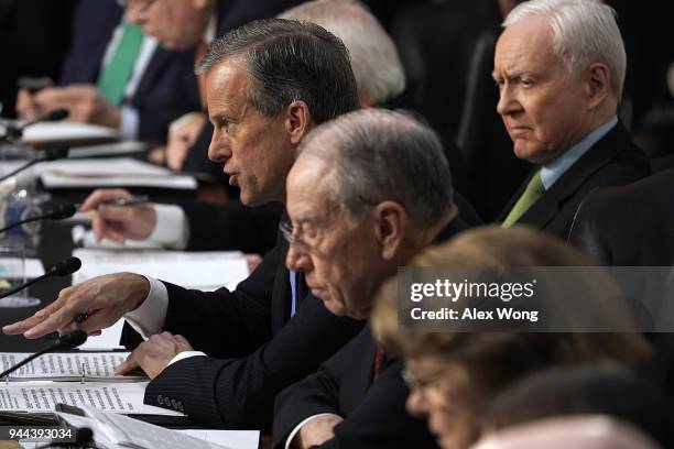 Sen. John Thune question Facebook co-founder, Chairman and CEO Mark Zuckerberg as he testifies before a combined Senate Judiciary and Commerce...