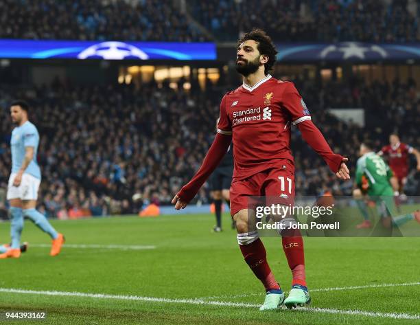 Mohamed Salah of Liverpool Celebrates his Goal during the UEFA Champions League Quarter Final Second Leg match between Manchester City and Liverpool...