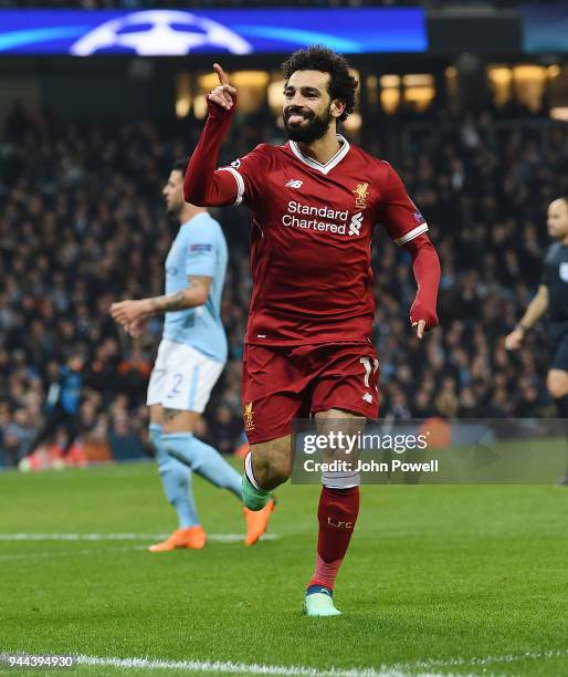 Mohamed Salah of Liverpool Celebrates his Goal during the UEFA Champions League Quarter Final Second Leg match between Manchester City and Liverpool...