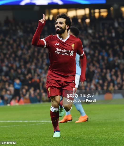 Mohamed Salah of Liverpool Celebrates his Goal during the UEFA Champions League Quarter Final Second Leg match between Manchester City and Liverpool...